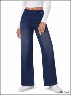 Women's Wide Leg High Waist Pull On Stretchy Jeans with Pockets